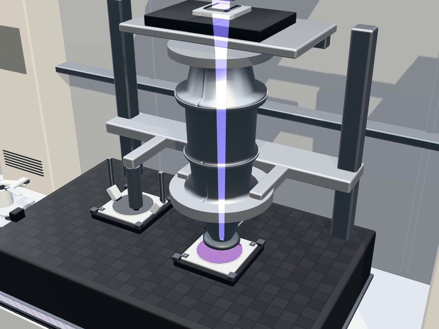 Fab One&rsquo;s lithography scanner, rendered in the simulation: a violet light path runs down the lens column onto a wafer.