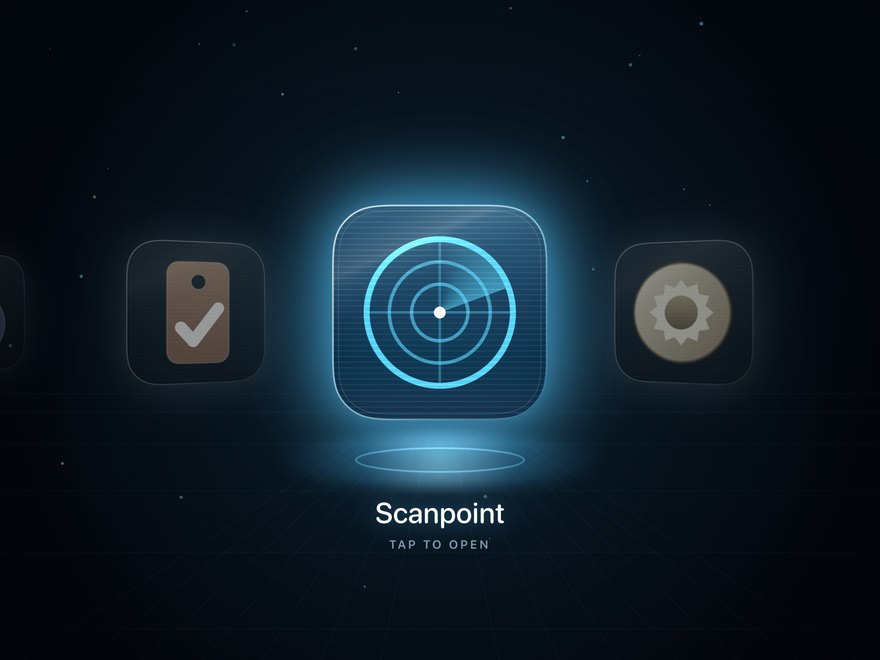 Holograph on iPad: a launcher tile glowing behind cyan glass on a dark stage, with more tiles on either side.