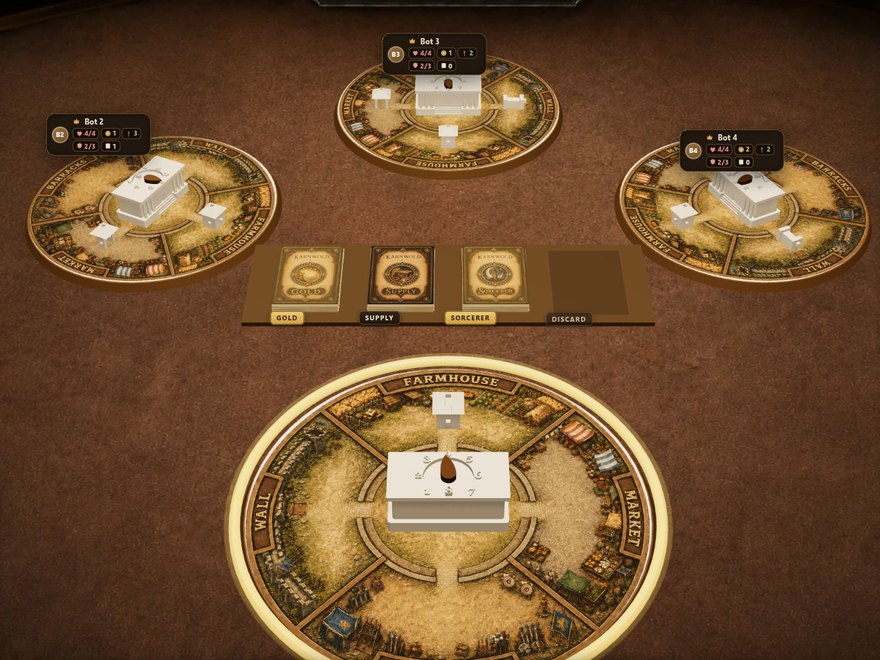 A Karnwold game in a browser: circular village boards with white pieces around the card decks on a dark wooden table.