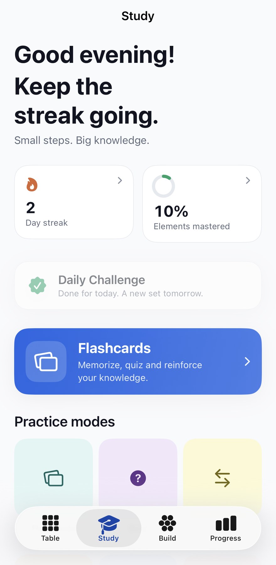The Study screen: a two-day streak, 10 percent of elements mastered, a completed daily challenge, a Flashcards card reading &ldquo;Memorize, quiz and reinforce your knowledge&rdquo;, and a row of practice modes.