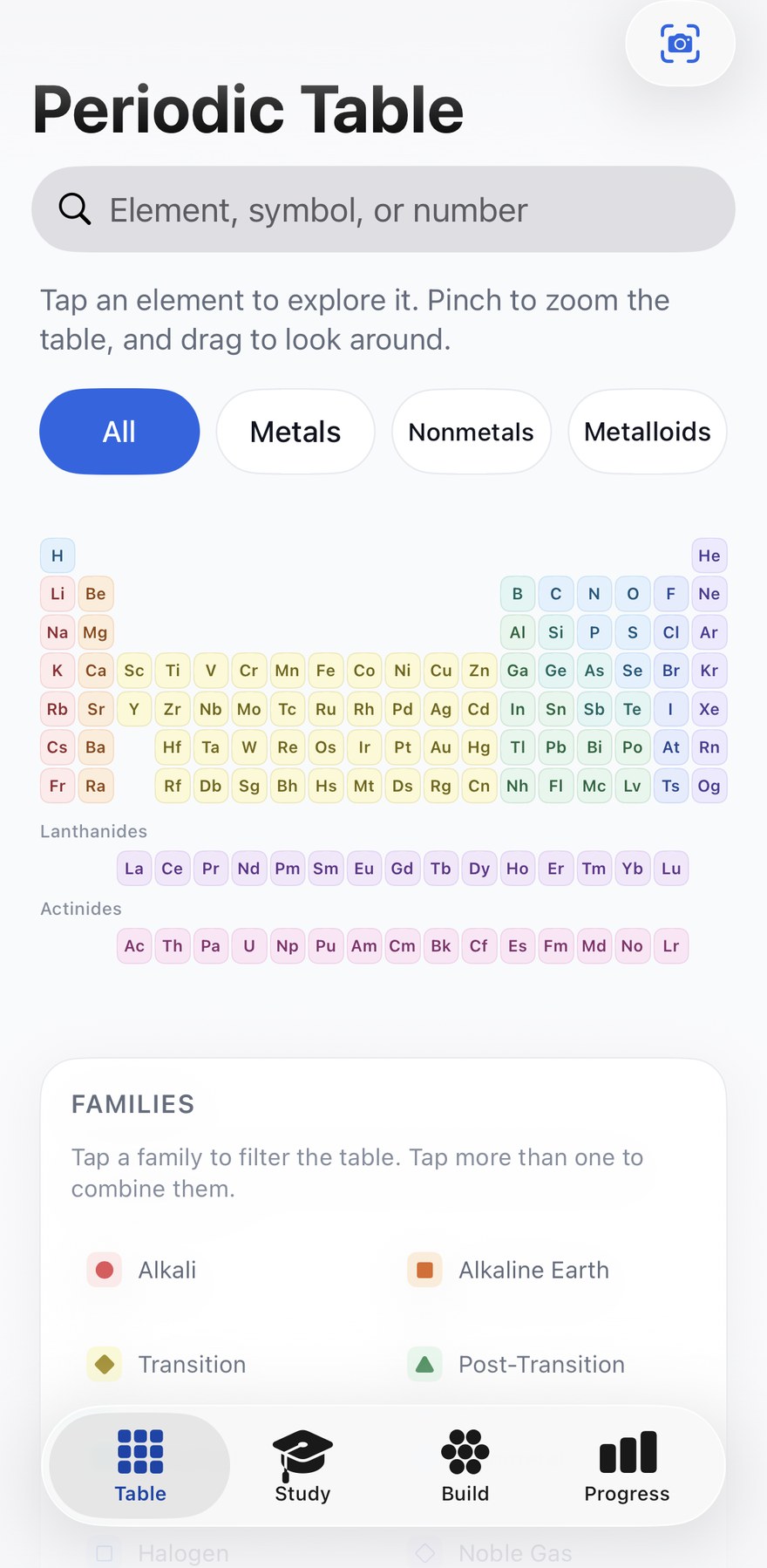 Elemora&rsquo;s table screen: a search field reading &ldquo;Element, symbol, or number&rdquo;, filter buttons for All, Metals, Nonmetals and Metalloids, and the full periodic table with each element tinted by its family.