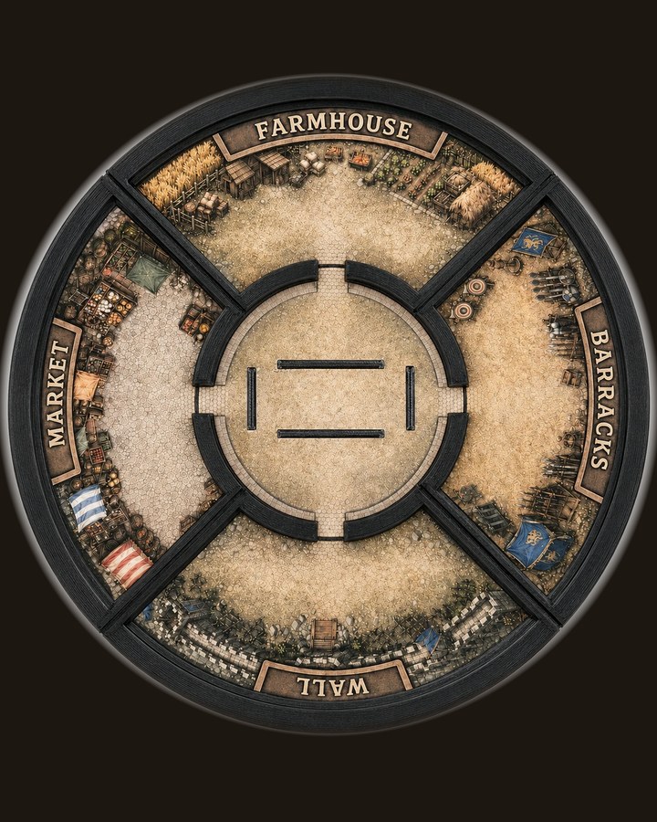 The Karnwold board: a circular village divided into four labelled quarters — Farmhouse, Market, Wall and Barracks — around a central Village Center.
