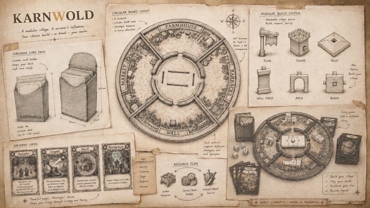 A Karnwold design spread: hand-drawn studies of the circular board layout, the modular build system, the sorcerer card deck and the resource flow, annotated and marked work in progress.