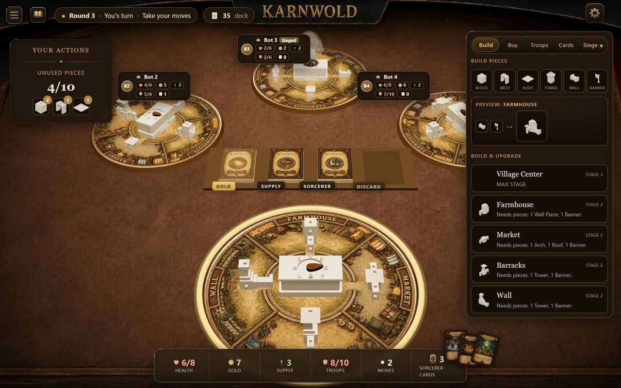 Karnwold running in a browser: four players&rsquo; circular villages laid out on a dark table, with a build panel listing Village Center, Farmhouse, Market, Barracks and Wall.