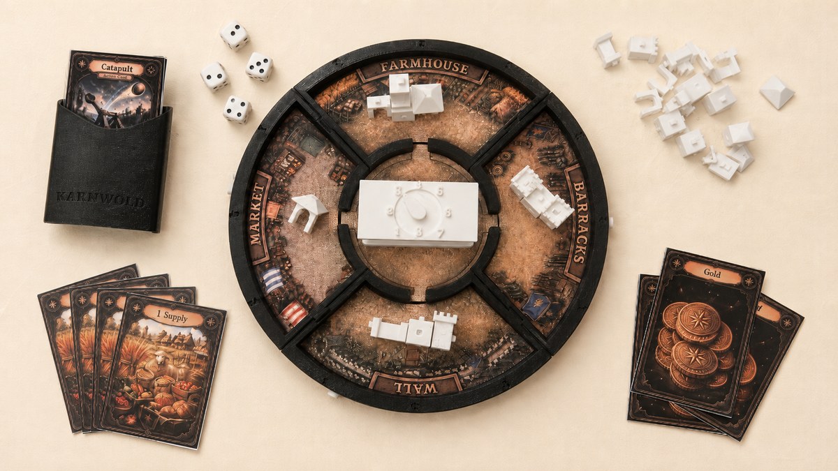The Karnwold physical prototype laid out on a table: a circular board with Farmhouse, Market, Wall and Barracks quarters, white moulded village pieces, dice, and two card decks.