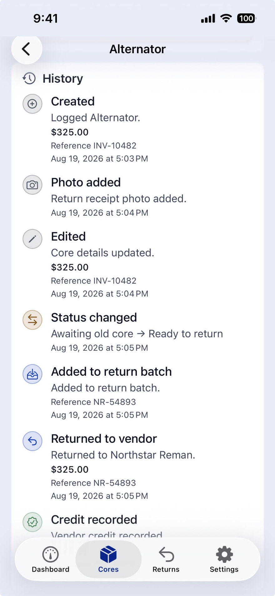 History timeline for one core: created, photo added, edited, status changed, added to return batch, returned to vendor, credit recorded — each entry timestamped with its reference.