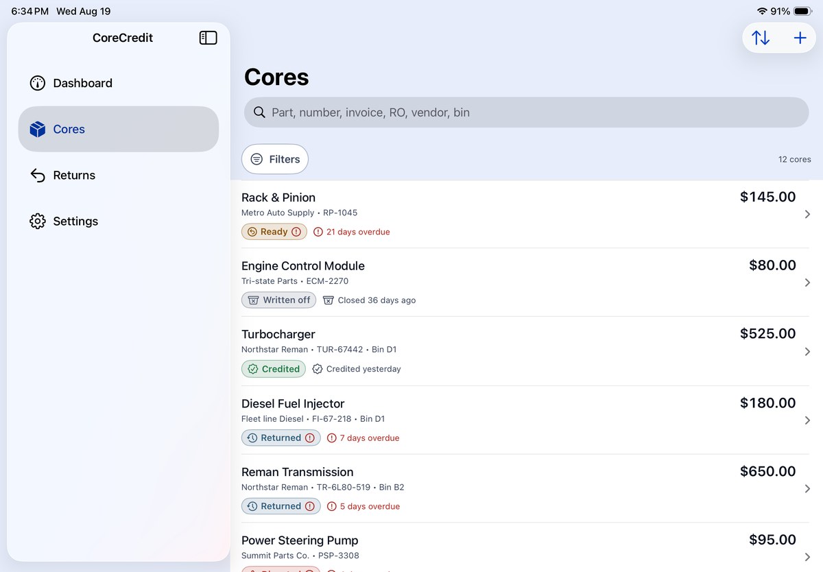 CoreCredit on iPad in landscape: a sidebar of Dashboard, Cores, Returns and Settings beside the full cores list.
