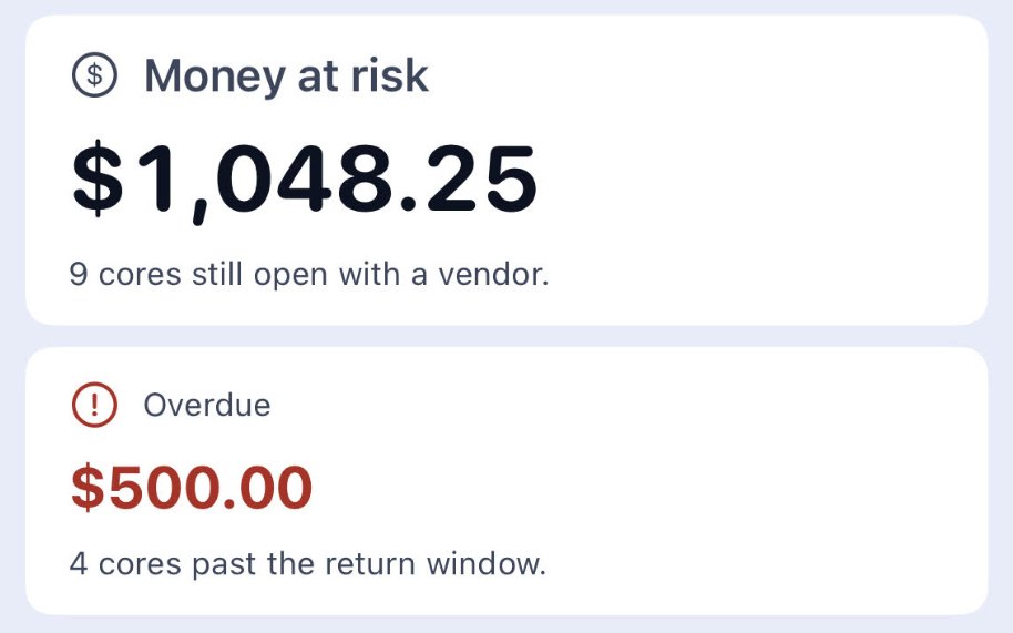 CoreCredit on iPhone: money at risk of $1,048.25 and $500.00 overdue.
