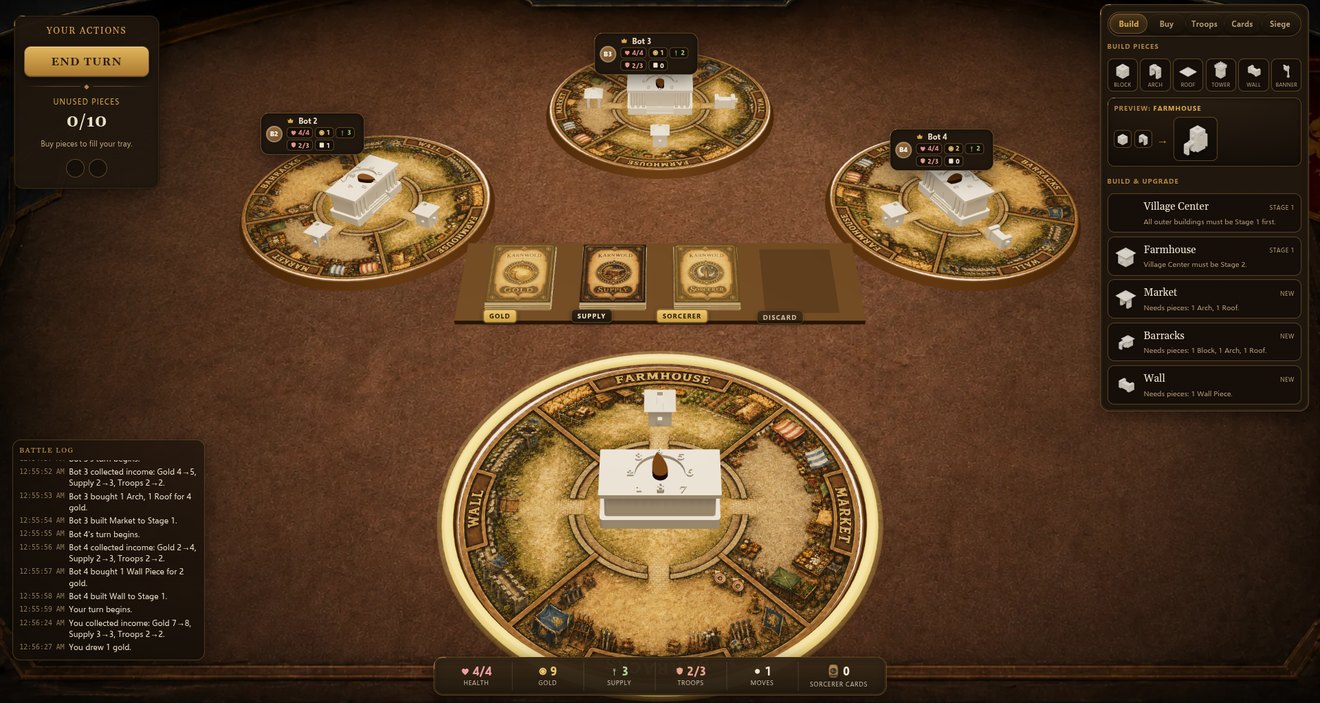 Karnwold running in a browser: four players&rsquo; village boards on a dark table, with the build panel open.